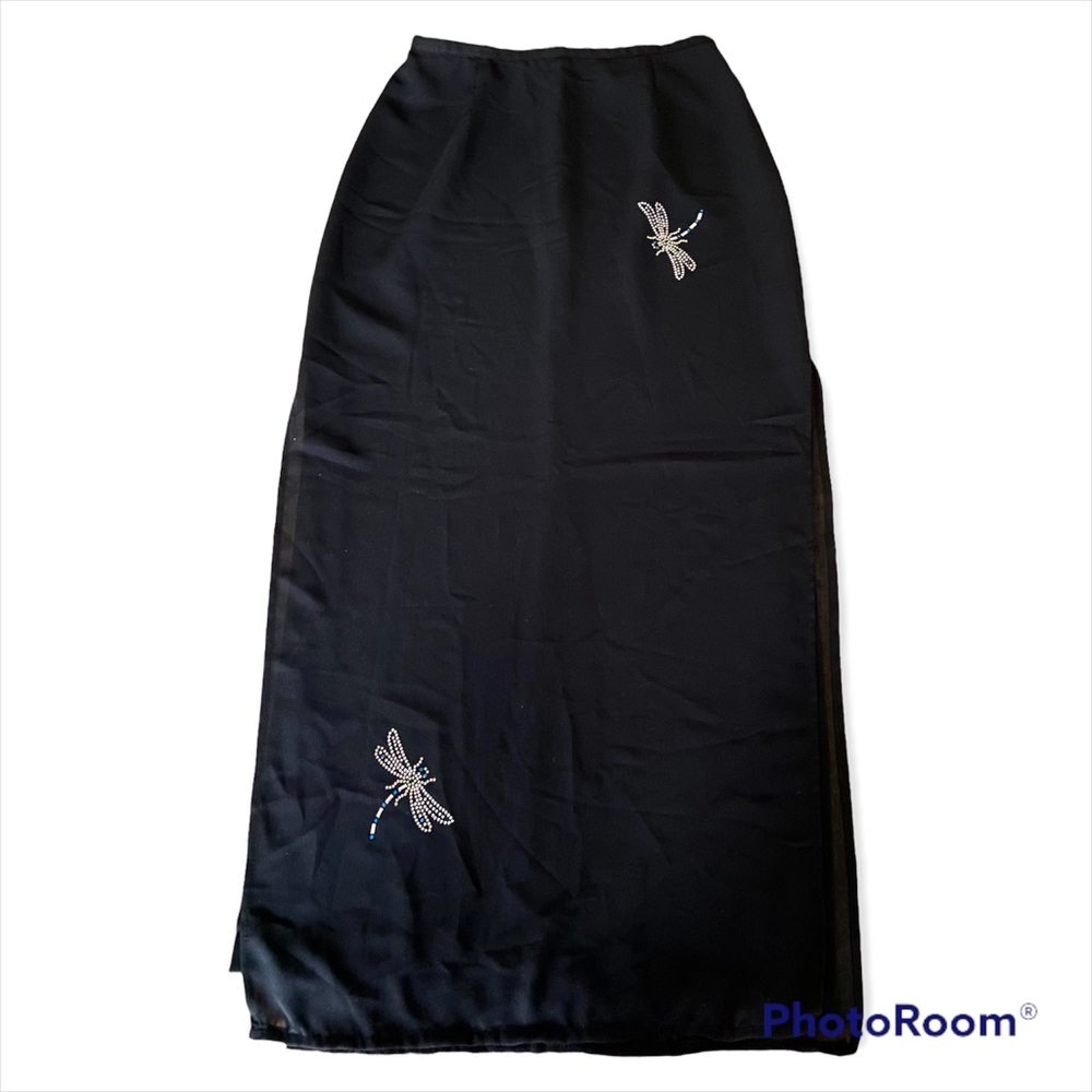 Cache Dragonfly Black Sheer Long Skirt with Side Slits Vintage